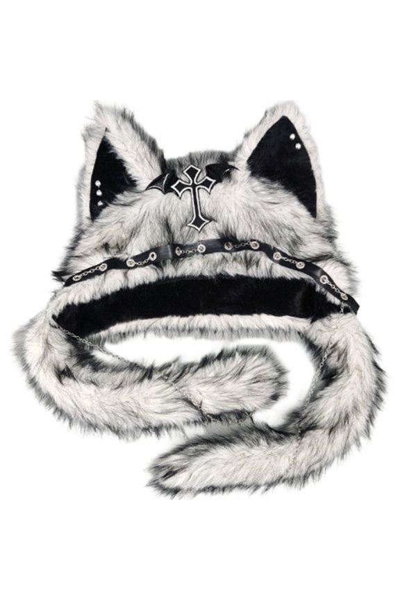 Gothic Punk Cat Ear Hat With Cross Chain Decoration Plush Warm Winter Cap For Alternative Y2K Festival