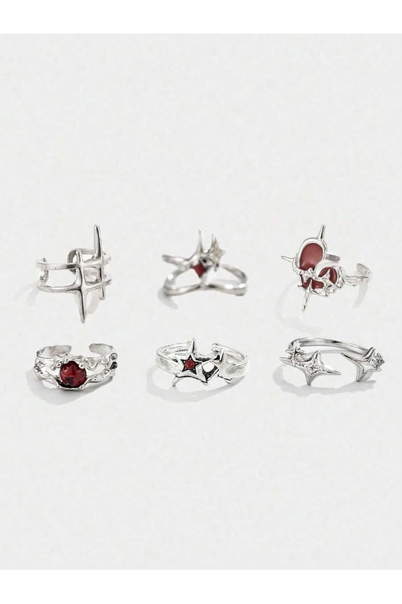 Gothic Punk Hollow Star Ring Set - Red Stone, 6 Pieces
