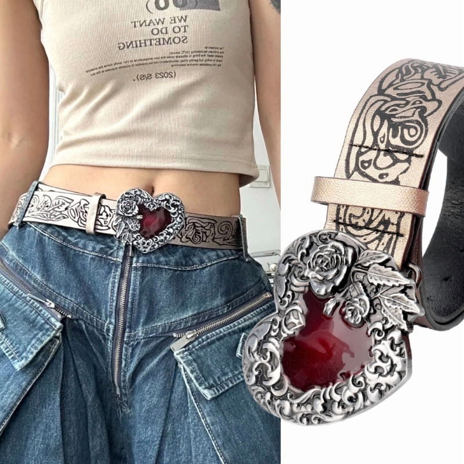 Gothic Punk Leather Y2k Belt For Women Metal Red Peach Heart