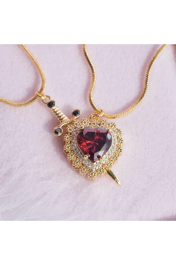 Gothic Punk One Arrow Through The Heart Creative Two Color Couple Necklace Red Rhinestone Heart Dagger Necklace Good Friend Gift Fashion Jewelry