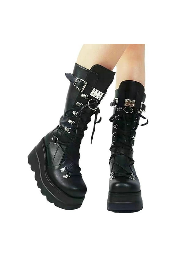 Gothic Punk Platform Motorcycle Boots for Women Lace-Up and Zipper Round Toe Combat Boot High Platform Mid Calf Wedges Chunky High Heel Boots