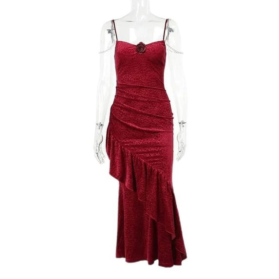 Gothic Punk Sexy Dress Elegant Slim Fashion Rose Suspender Fishtail Dress Autumn New Women's Clothing-Red-M