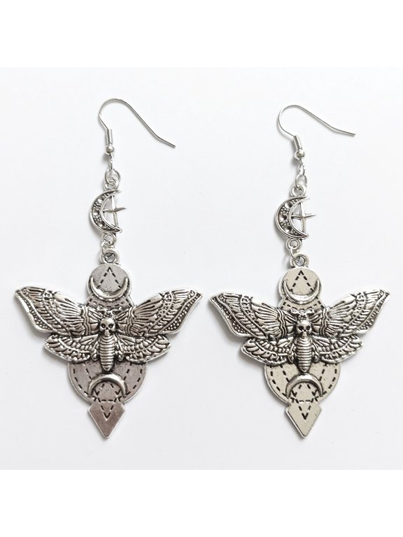 Gothic Punk Star Crescent Moon Death Moth Skull Pendant Statement Earrings for Women