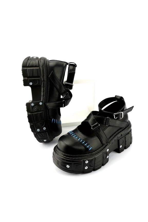 Gothic Punk Style Round Toe Shoes Thick Sole Platform Chunky Heels Metal Decoration Buckle Casual Pumps