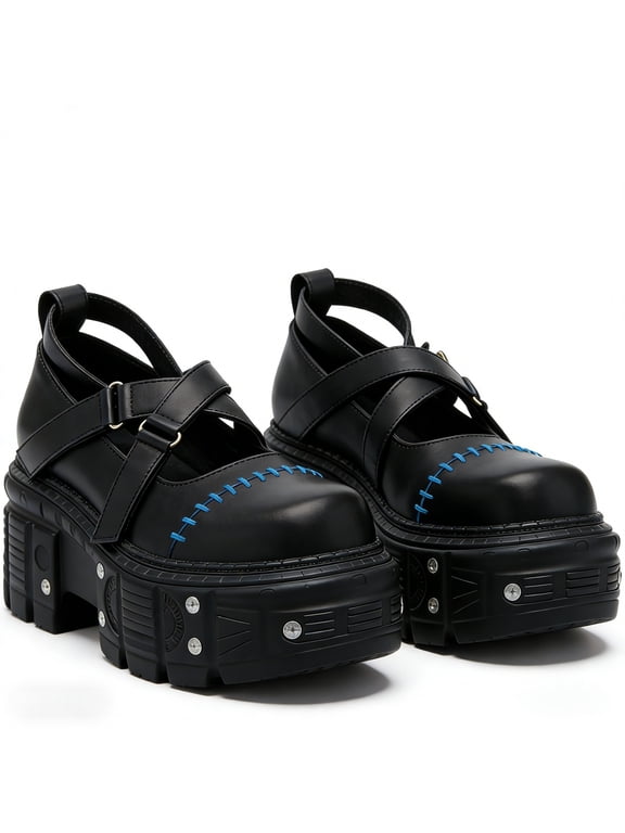 Gothic Punk Style Round Toe Shoes Thick Sole Platform Chunky Heels Metal Decoration Buckle Casual Pumps