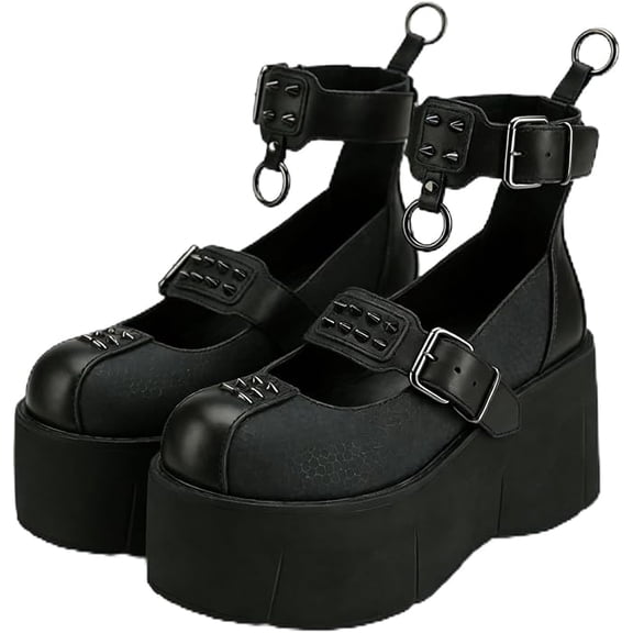 Gothic Punk Style Round Toe Thick Sole Platform Chunky Heels Women Pumps Buckle Rivet Fashion Y2K Street Casual Shoes