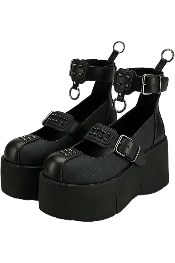 Gothic Punk Style Round Toe Thick Sole Platform Chunky Heels Women Pumps Buckle Rivet Fashion Y2K Street Casual Shoes