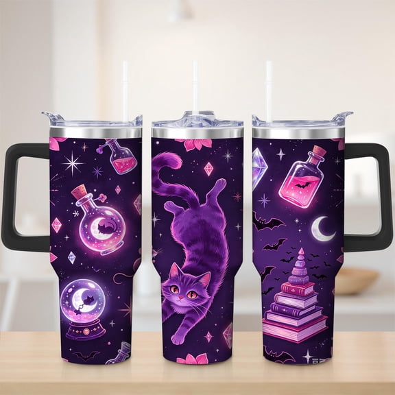 Gothic Purple Cat and Moon Stainless Steel Tumbler, 40oz
