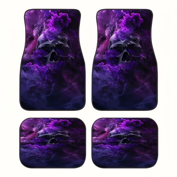 Gothic Purple Skull Pattern Car Floor Mats Set, 4pcs Universal Non-Slip Easy-Clean Interior Mats for Most Vehicle Models