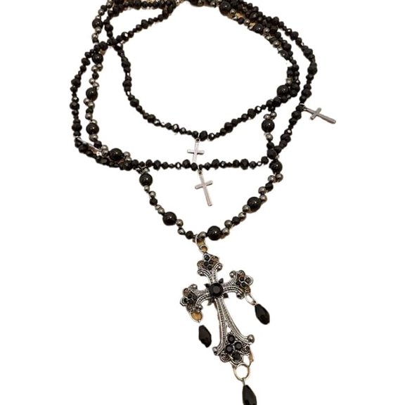 Gothic Quality Black Beaded Cross Necklace, Multi-Layer Statement Chain, 19.7 Inches[b490]