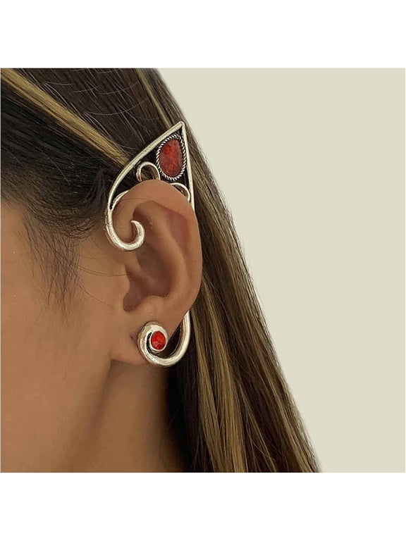 Gothic Quality Elf Ear Cuff Earrings Retro Elven Fairy Earrings Elf Ear Crawler Earrings Silver Elf Contour Earrings Exaggerated Earrings Cuff Cartilage Earrings Ruby Cuff Earrings Jewelry f...[l523]