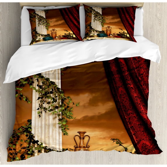 Gothic Queen Size Duvet Cover Set, Greek Style Scene Climber Pillow Fruits Vine and Red Curtain Ancient Figure Sunset, Decorative 3 Piece Bedding Set with 2 Pillow Shams, Multicolor, by Ambesonne