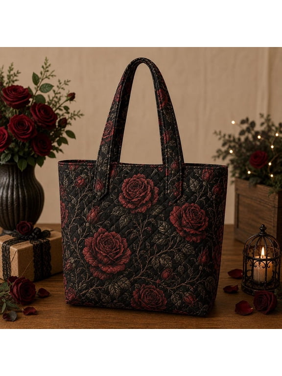Gothic Quilt Tote Bag, Raven and Red Rose Quilted Tote, Dark Floral Crow Bag, Witchy Cottagecore Tote Gift for Her UO2321-RD