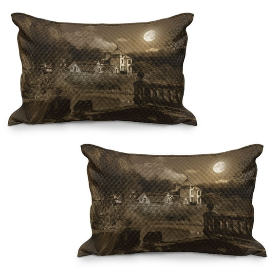 Gothic Quilted Pillowcover Set of 2, Photo of Old Medieval Myst House in Retro Vintage Color at Full Moon Boho Style, Standard Queen Size Pillow Cover for Bedroom, 30" x 20", Brown, by Ambesonne
