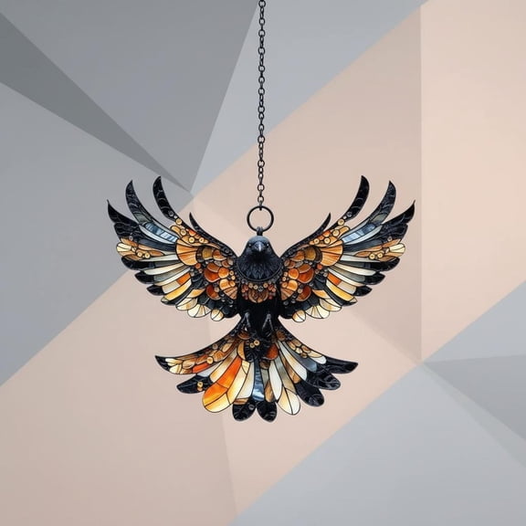 Gothic Raven Acrylic Suncatcher Window Hanging Dramatic Crow Orange Feathers Art Autumn Halloween Decor Gift