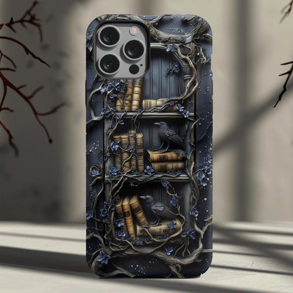 Gothic Raven Books 3D Dark Academia Phone Case 17 16 15 14 13 12 11 Pro Max
