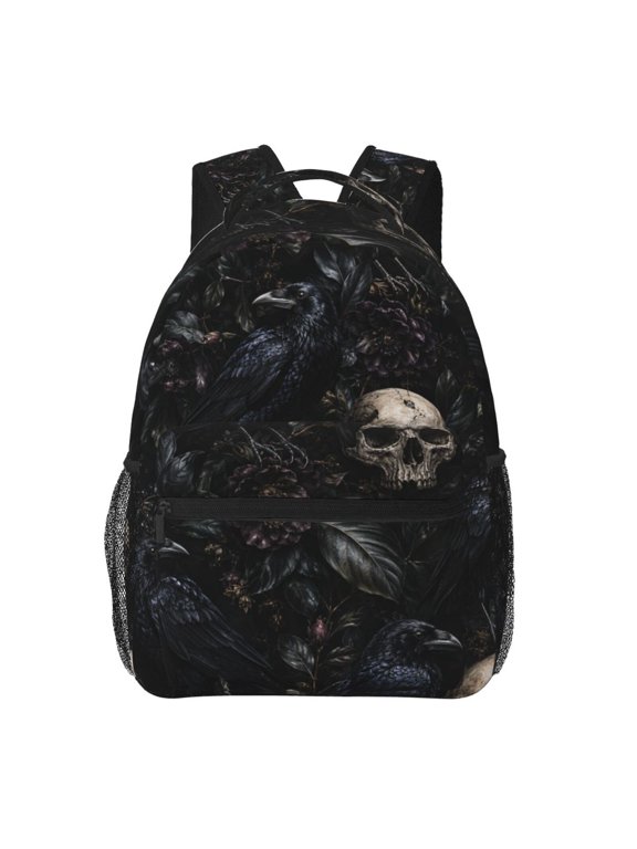 Gothic Raven Botanical Illustration Backpack Casual College Bag Zipper Laptop Daypack Hiking Rucksack Travel