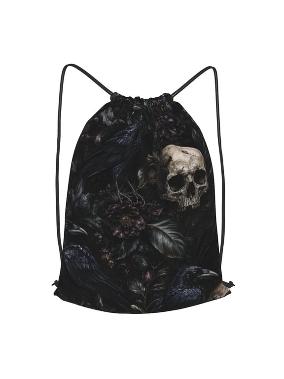 Gothic Raven Botanical Illustration Drawstring Backpack Gym String Bag Sports Sackpack Cinch Sack, M