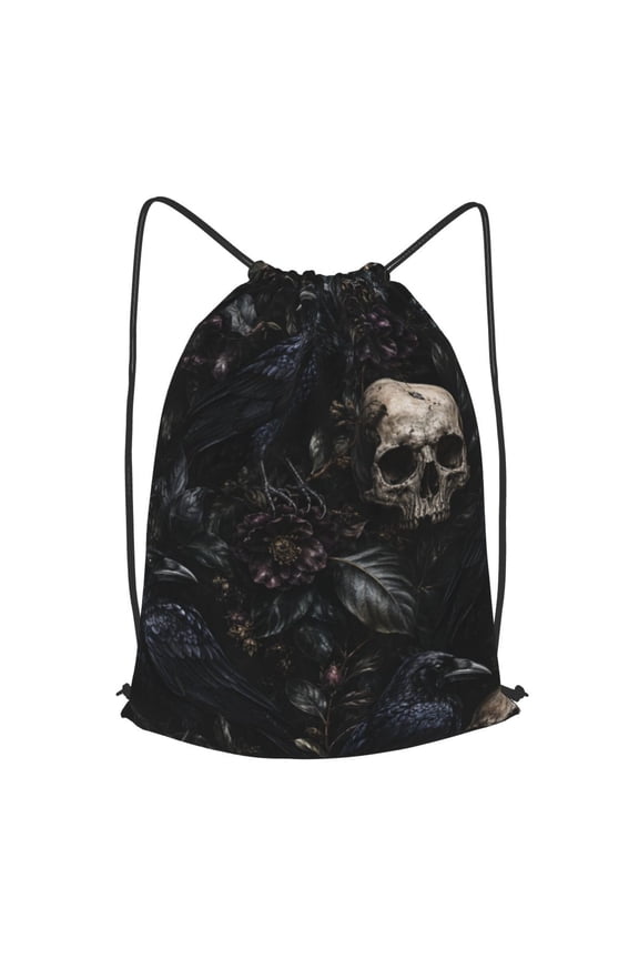 Gothic Raven Botanical Illustration Drawstring Backpack Gym String Bag Sports Sackpack Cinch Sack, S