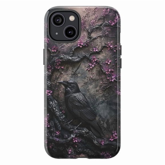 Gothic Raven & Cherry Blossom Phone Case, Dark Aesthetic Black Bird Art for iPhone 16 15 14 13 12 11 Pro Max Plus Mini