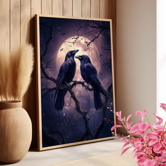 Gothic Raven Couple Wall Art, Dark Academia Romantic Birds Decor, Unframed Paper Print Size 8x12