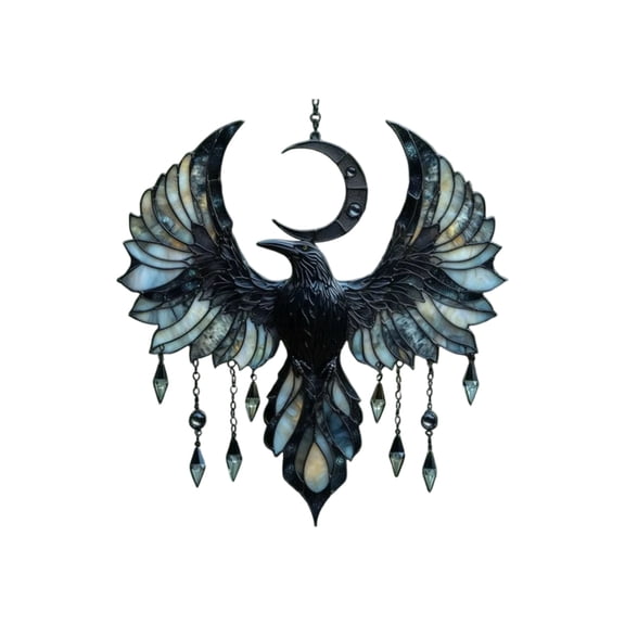 Gothic Raven & Crescent Moon Suncatcher, Acrylic Window Hanging with Stained Glass Effect, Mystic Crow Art for Home Decor