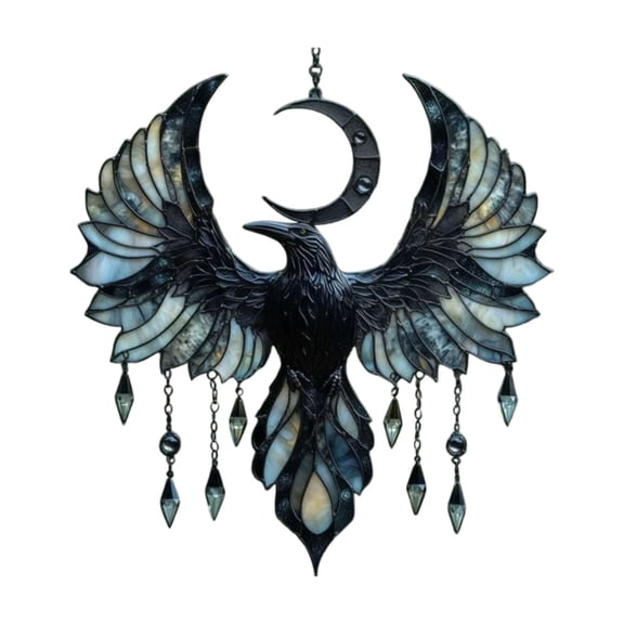 Gothic Raven & Crescent Moon Suncatcher, Acrylic Window Hanging with Stained Glass Effect, Mystic Crow Art for Home Decor