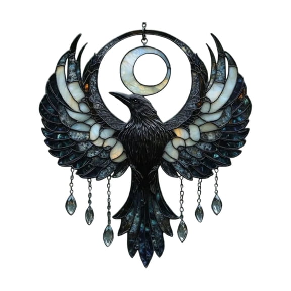 Gothic Raven & Crescent Moon Suncatcher, Acrylic Window Hanging with Stained Glass Effect, Mystic Crow Art for Home Decor