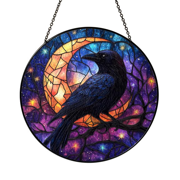 Gothic Raven Crescent Moon Window Hanging Stained Glass Suncatcher Decor, Night Sky Bird Sun Catcher Panel for Home Window Decoration, Dark Fantasy Inspired Decorative Art