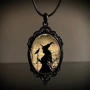 Gothic Raven Cross Necklace Gothic Witch Black Cat Forest Glass Pendant Necklace
