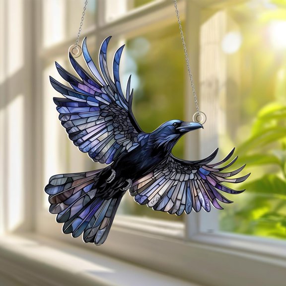 Gothic Raven Crow Acrylic Suncatcher Window Hanging Dark Purple Viking Wings Fantasy Decor