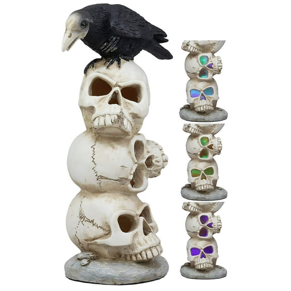 Gothic Raven Crow Bird Perching On Totem Stacked Skulls With LED Light Statue