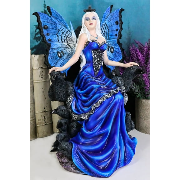 Gothic Raven Crow Fairy Queen in Blue Gown Sitting On Throne of Crows Statue