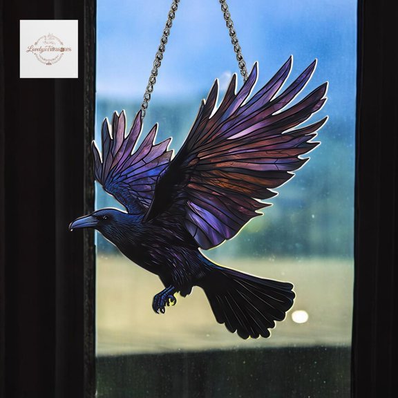 Gothic Raven Crow Flight Acrylic Suncatcher Purple Black Wings Window Hanging Bird Decor
