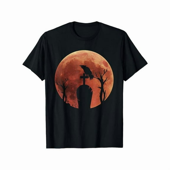 Gothic Raven Crow Graphic Tee T Shirt Top Creepy Full Moon Spooky Bird Design Short Sleeve Black S-5XL