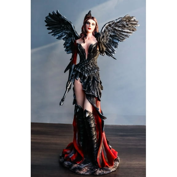 Gothic Raven Crow Trainer Angel Fairy In Black And Crimson Feather Gown Statue