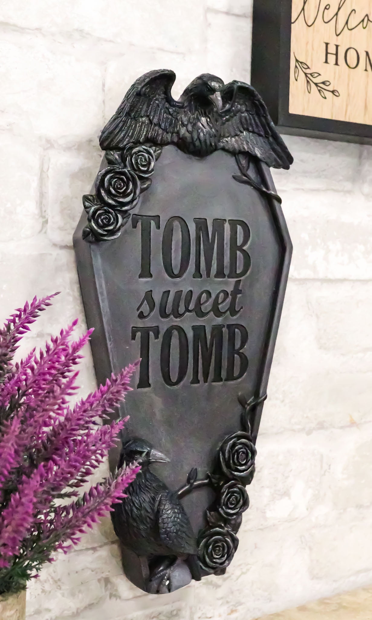 "Welcome To Our Tomb" Coffin Shaped Wall Hanger - 11 Inch Gothic Home Decor, Hand-Painted Resin