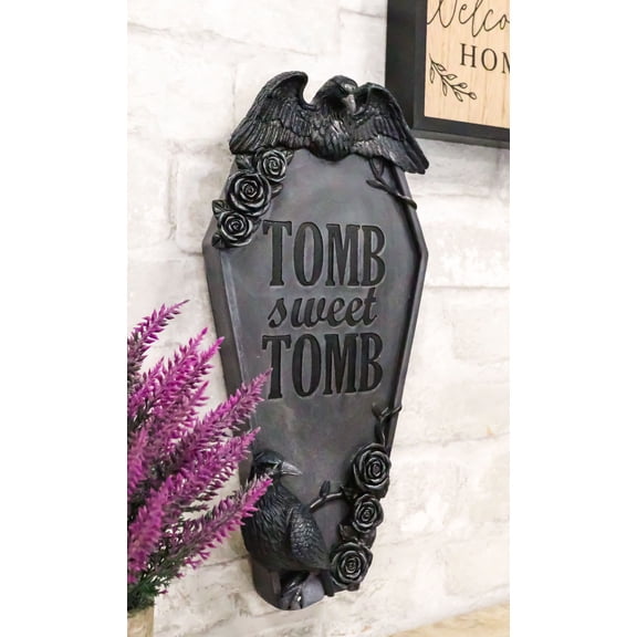 Gothic Raven Crows On Graveyard Tomb Coffin Headstone Black Roses Wall Decor