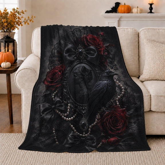 Gothic Raven Framed Portrait, Dramatic Bird Art Scene, Warm Flannel Blanket for Living Room and Reading Nook, Bird Lovers Housewarming Gift, Artistic Home Decor