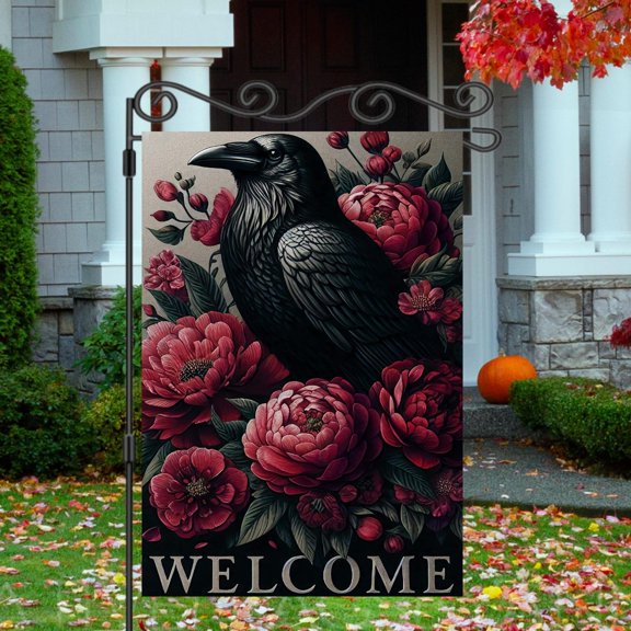 Gothic Raven Garden Flag Dark Floral Welcome Banner