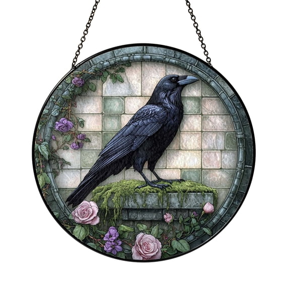 Gothic Raven Garden Window Hanging, Faux Stained Glass Style Acrylic Suncatcher Panel