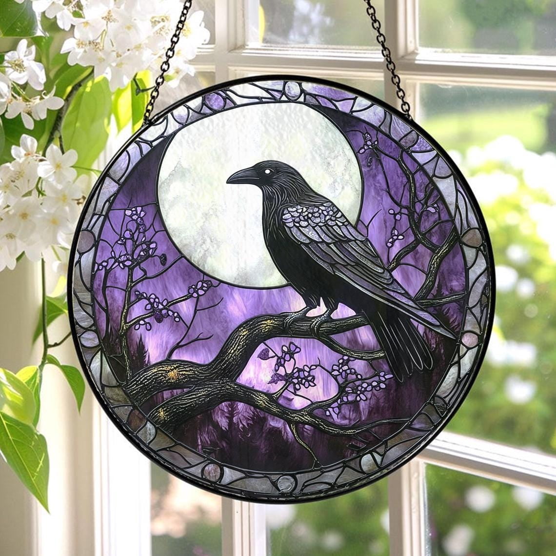 Gothic Raven Glass Suncatcher, Black Raven Windows Hanging, Raven Decor ...