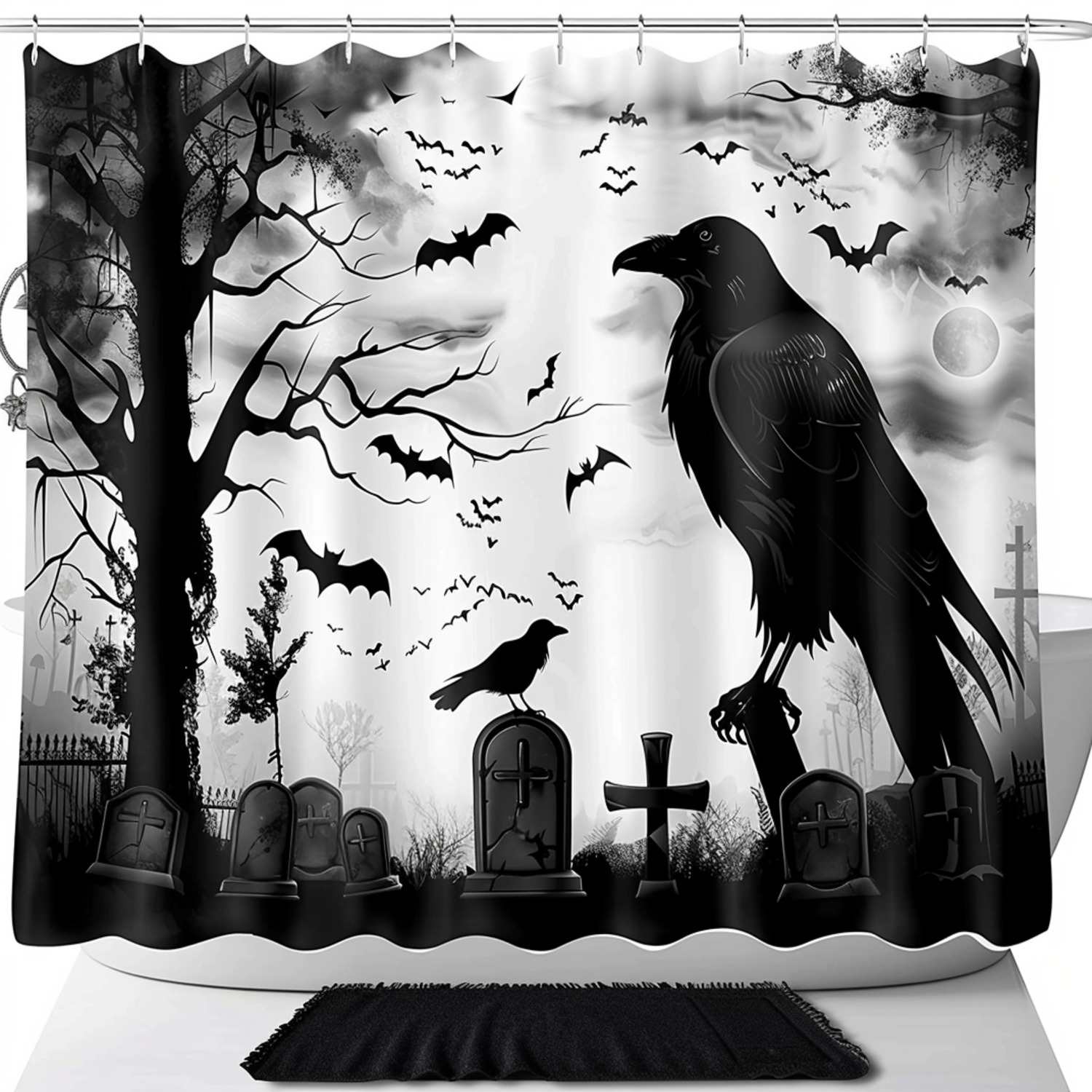 Gothic Raven Graveyard Shower Curtain Set Dark Forest Scene with Bats