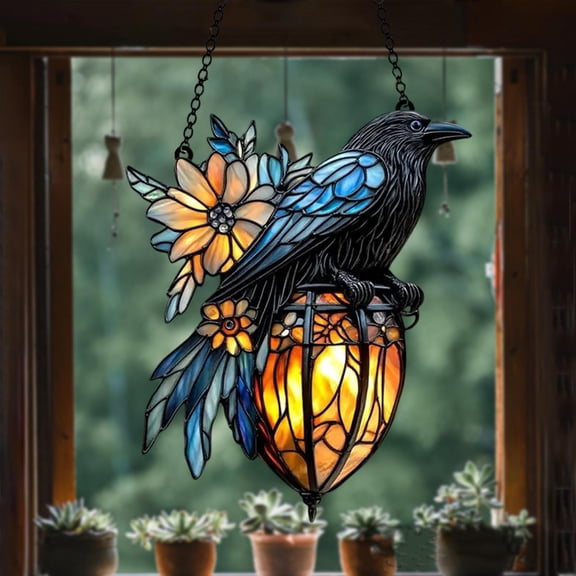 Qjidjing Gothic Raven Hanging Ornament, 5.91 inch, Wall Decor, 2D Design, Crow Pattern, Gothic Style, Light Catcher, Indoor Display, Festival Decoration