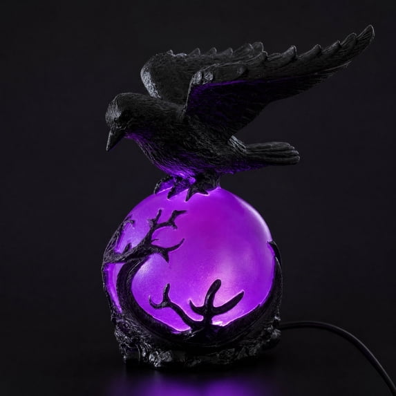Gothic Raven LED Ball Lamp Mysterious Crow Sculpture Night Light Halloween Decorative Table Lamp Resin Bird Art Desk Lighting Fixture Bedside Bedroom Living Room Decor