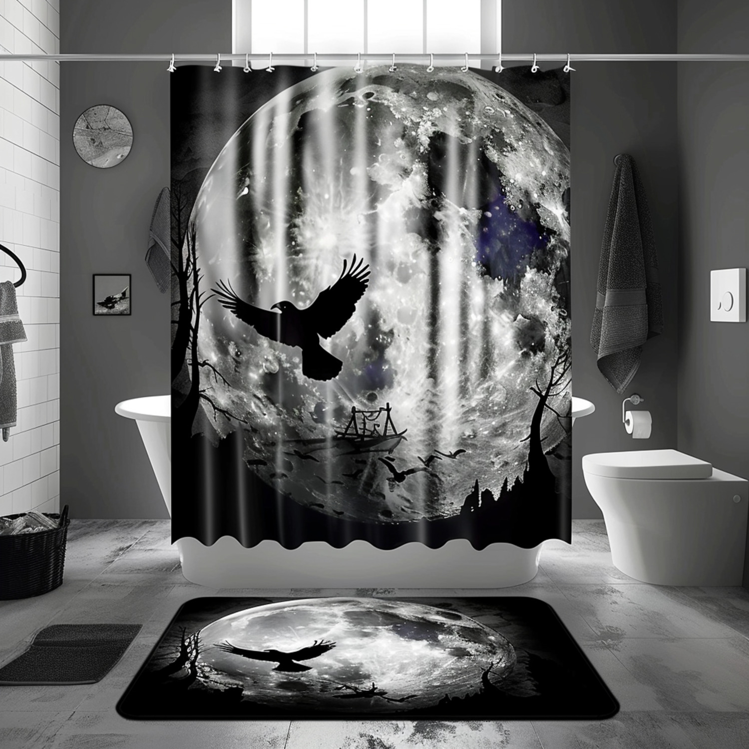 Gothic Raven Moon Bathroom Decor Set Black and White Crow Silhouettes Spooky Atmosphere Unique