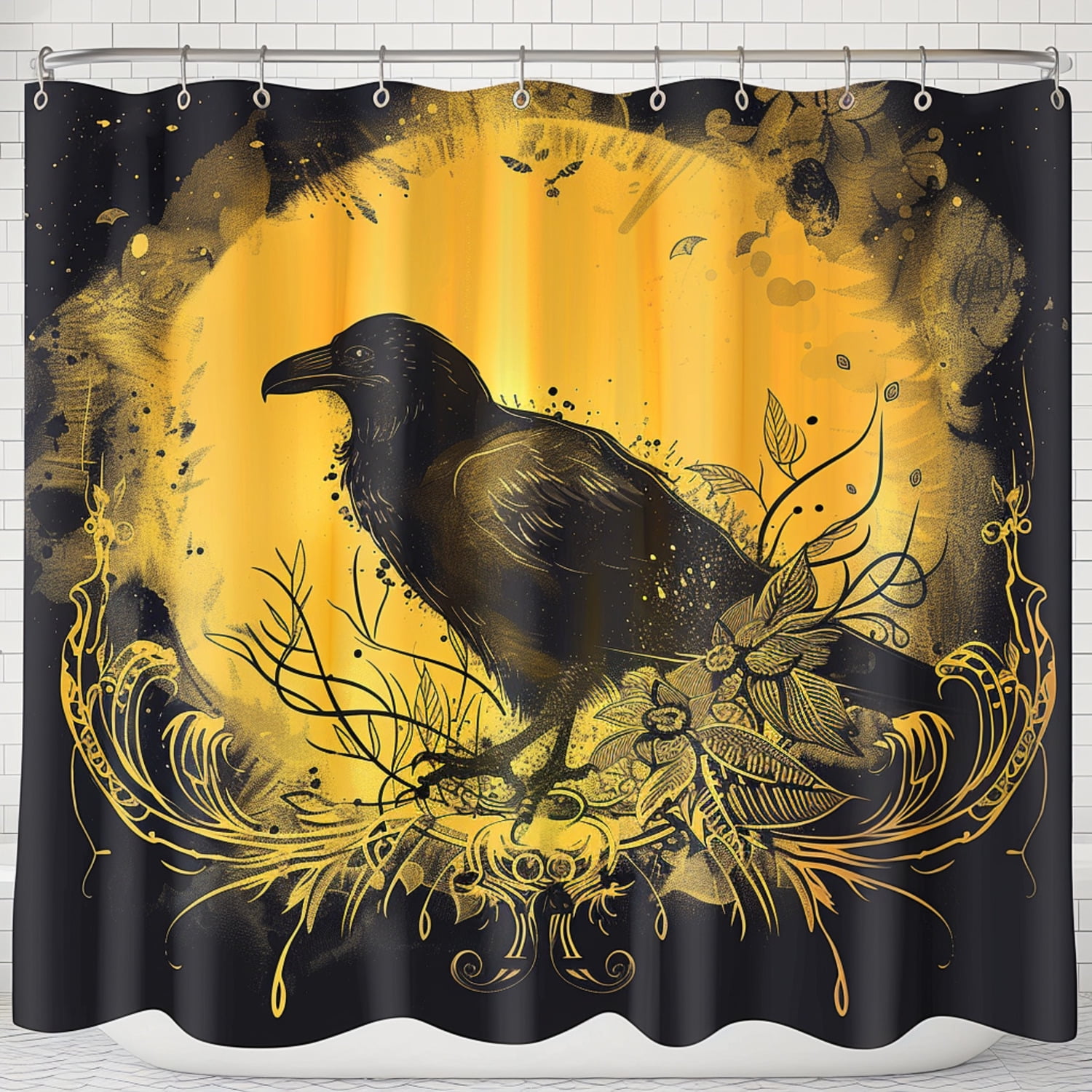 Gothic Raven Ombre Yellow to Black Shower Curtain with Swirls and