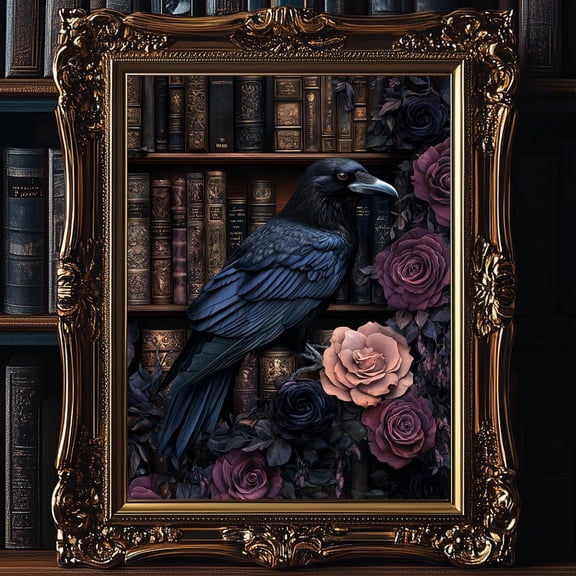 Gothic Raven On Books Wall Art Print Black Crow Poster Dark Academia Cottagecore Book Print Bird Lover Gift Victorian Wall Art Modern Wall Decor