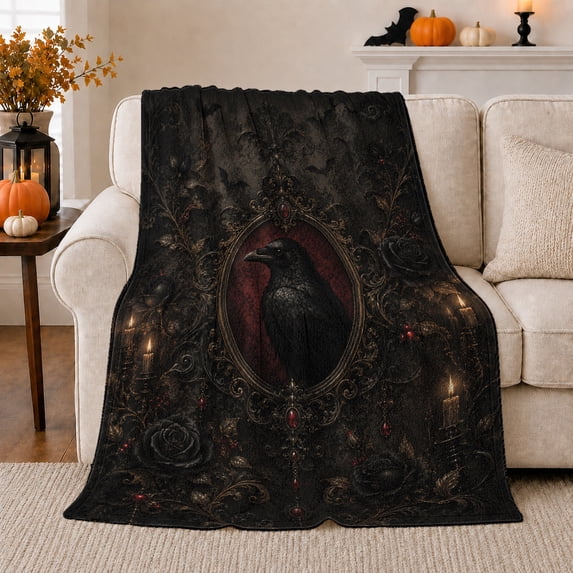 Gothic Raven Ornate Frame Dark Atmospheric, Mystical Bird Art Scene, Warm Flannel Blanket for Living Room and Reading Nook, Bird Lovers Housewarming Gift, Artistic Home Decor