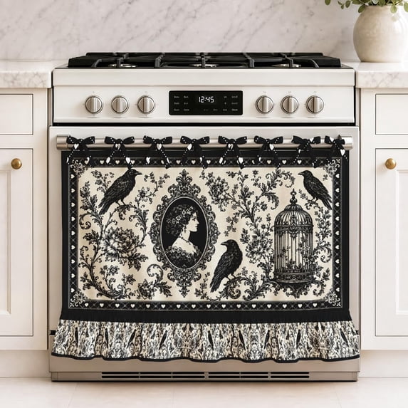 Gothic Raven Oven Skirt Curtain Victorian Floral Vintage Stove Curtain Tie Top Oven Skirt Decorative Stove Door Cover for Dishwashers Washing Machine